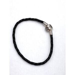 Pandora Black Braided Leather Bracelet Silver Clasp ALE 925 6.5”